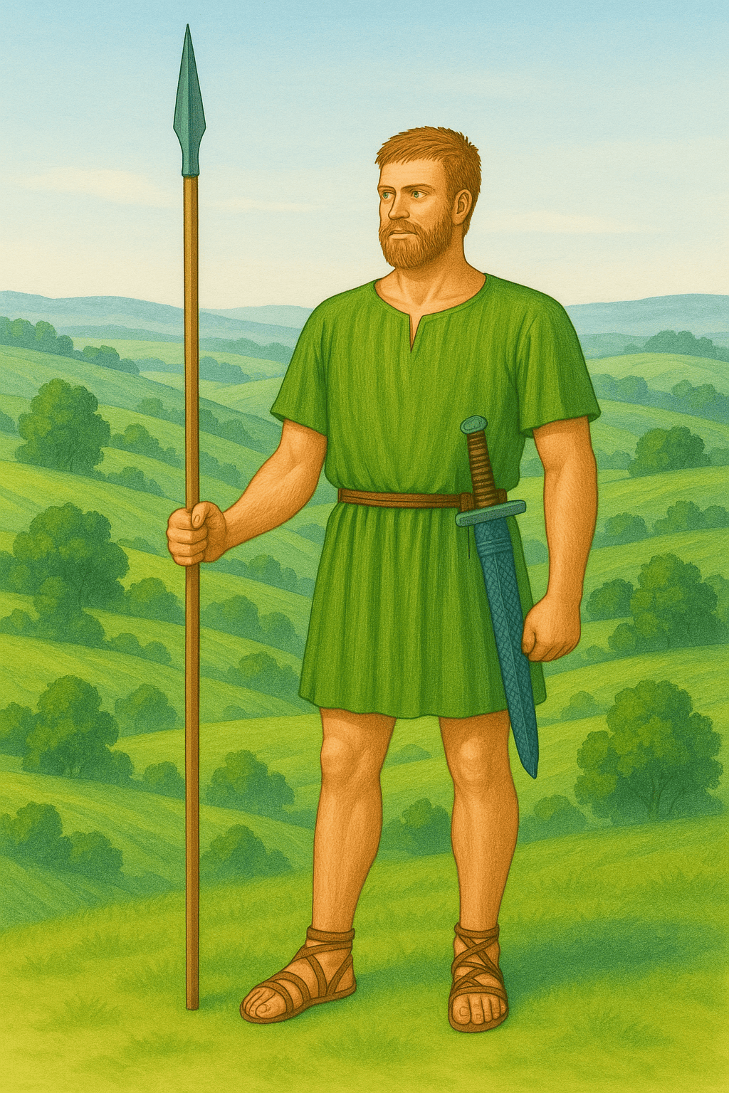 Ricostruzione grafica della figura di un uomo enotrio, sulla base delle attestazioni materiali nei corredi funerari (generata con intelligenza artificiale).